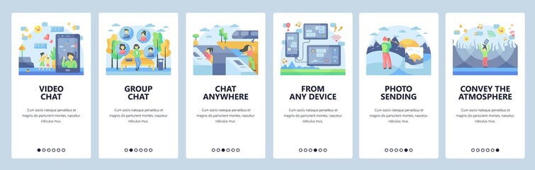 Wall Mural - messaging website and mobile app onboarding screens vector template