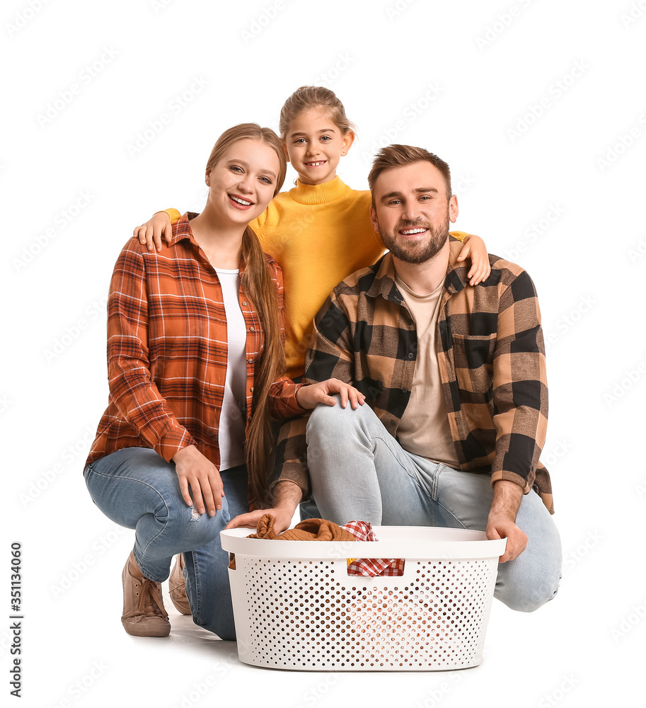 Family with laundry on white background