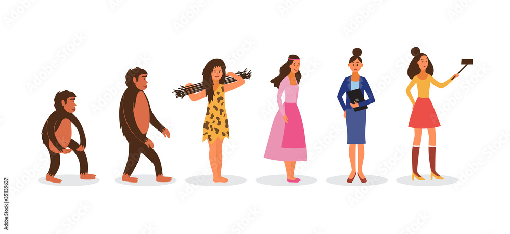 Human evolution from prehistoric to modern woman vector illustration ...