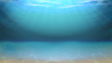 Underwater Sea Sandy Bottom And Bubbles Vector. Diving Underwater Seascape. Purity Undersea Water, Aquatic Waterscape Abyss With Sand And Sunshine Light Layout Realistic 3d Illustration