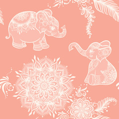 Wall Mural - Elephant in eastern ethnic style, traditional indian henna ornament. Seamless pattern, background in soft rose colors. Vector illustration..