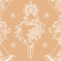 Wall Mural - Eastern ethnic style compositions, mehendi, traditional indian henna floral ornament with peacock. Seamless pattern, background in beige and white colors. Vector illustration..