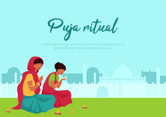 Puja ritual poster flat vector template. Two indian woman light candle. Pray during ritual. Brochure, booklet one page concept design with cartoon characters. Teej festival flyer, leaflet