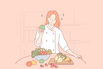 Health, vegan, food, cooking concept. Woman girl cooker vegetarian cartoon character standing with healthy food fruits and vegetables at home restaurant. Healthy lifestyle and proper nutrition or diet