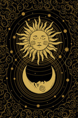 Wall Mural - divine golden crescent moon pattern with face, sun and clouds on a black background. boho design ele