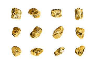 Golden stones set on white background isolated close up, gold nuggets collection, yellow metal rocks samples texture, gold mine, gold ore, group of shiny golden lumps, rough natural mineral gold chunk