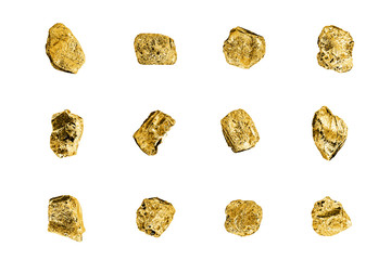 Golden stones set on white background isolated close up, gold nuggets collection, yellow metal rocks samples texture, gold mine, gold ore, group of shiny golden lumps, rough natural mineral gold chunk