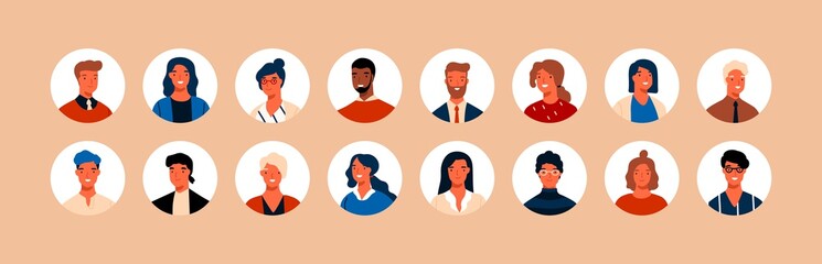 Wall Mural - Set different person portrait of big diverse business team vector flat illustration. Collection of people avatars isolated. Bundle of joyful smiling colleagues. Man and woman faces at round frame