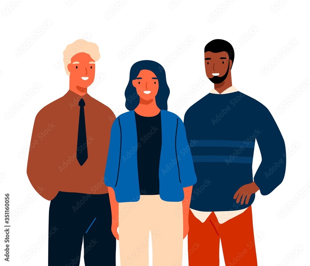 Group of multinational young business people standing together vector flat illustration. Team of diverse smiling person isolated on white. Casual man and woman colleagues or clerks - obrazy, fototapety, plakaty 