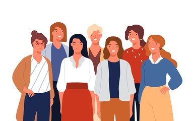 Wall Mural - group portrait of adorable young smiling woman posing together vector flat illustration. colorful fe