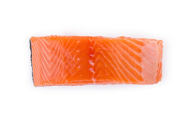 raw salmon piece isolated on white background, top view