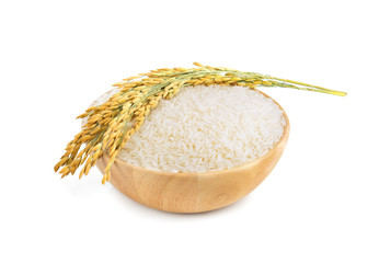 Wall Mural - white rice (Thai Jasmine rice) in the wooden bowl and unmilled rice isolated on white background