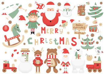 Poster - Funny Christmas Characters Set. Cute Santa, Reindeer, Snowman, Bear, Wooden Toys, Christmas Trees. Isolated on White background. Vector illustration.