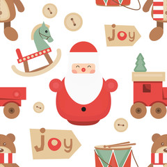 Sticker - Christmas Seamless pattern - Cute Christmas Characters and Objects - Santa, Wooden Christmas Toys. Xmas background. Vector Print for Wallpaper, Packing. Don't contain clipping mask and gradient.