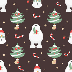 Sticker - Christmas Seamless pattern. Cute Christmas Characters and Objects - Polar Bear, Trees, Snowman. Xmas Retro background. Vector Print for Wallpaper, Packing. Don't contain clipping mask and gradient.