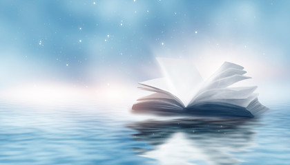 Wall Mural - open book on the water. reflection of a book in the water. sunlight. open air scene with a book.