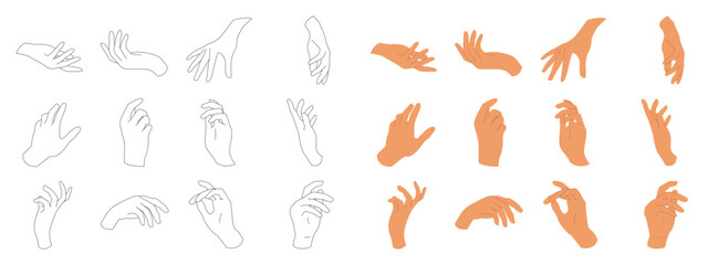 various gestures of human hands isolated on a white background. hand hold, hand open and use gel bot