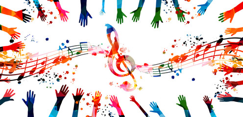 Wall Mural - Music background with colorful G-clef, music notes and hands vector illustration design. Artistic music festival poster, live concert events, party flyer, music notes signs and symbols