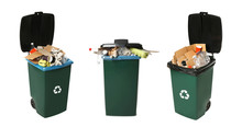 Set Of Trash Bins With Garbage On White Background. Waste Management And Recycling