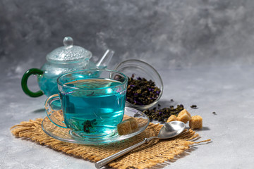 A cup of hot, blue tea with pea flowers. Blue peas. For healthy drinking, detoxifying the body. Gray background.