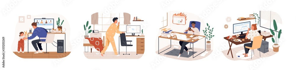 Remote work disadvantages. Home office problems. Stress eating, missing the deadline, procrastination. Freelancer is late for work, kid distracting father. Vector illustration in flat cartoon style - obrazy, fototapety, plakaty 