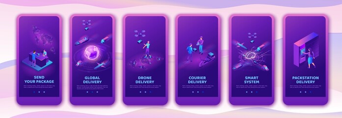 Isometric delivery service with truck at warehouse, mobile app template set, smart logistics company illustration, shipment by plane, car, by postal drone, people receive parcel at packstation
