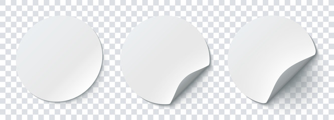 mockup realistic paper round stickers white colors with curved corner and shadow. white round sticke