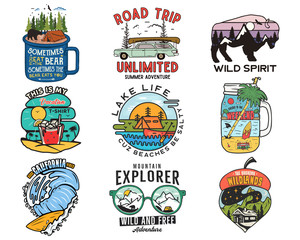 Wall Mural - Vintage travel logos, vacation patches set. Hand drawn camping labels designs. Mountain expedition, road trip, surfing. Outdoor hiking emblems. Logotypes collection. Stock isolated on white.