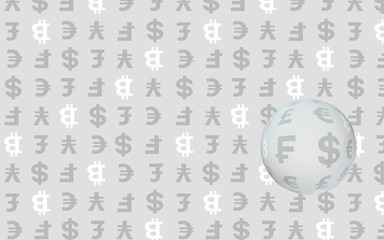 Bitcoin and currency on a gray background. Digital crypto currency symbol. Business concept. Market Display. 3D illustration