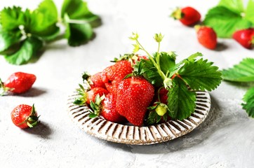 Wall Mural - Fresh strawberries in a bowl on a gray background, still life