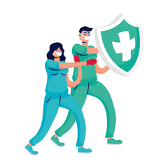 Sticker - professional doctors couple boxing with gloves and shield