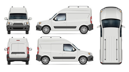 Wall Mural - Mini cargo van vector mockup for vehicle branding, advertising, corporate identity. View from side, front, back, top. All elements in the groups on separate layers for easy editing and recolor.