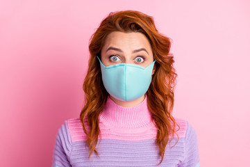 Portrait closeup photo of pretty lady keep social distance see street many people contacting big shocked eyes stupid citizens wear protect face mask sweater isolated pink color background