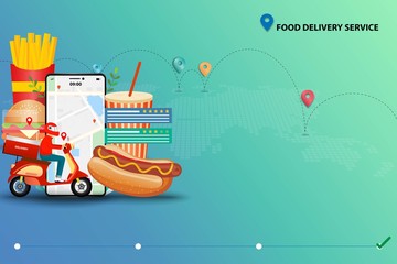 Concept of fast food delivery service, scooter man in front of a big fast food and smartphone that the display contain map and GPS to deliver the food to customers by use application on mobile.