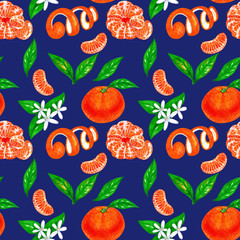 Wall Mural - Mandarin fruit with leaves and flowers on a blue background. Tropical seamless pattern design for wallpaper, paper, textile, fabric.