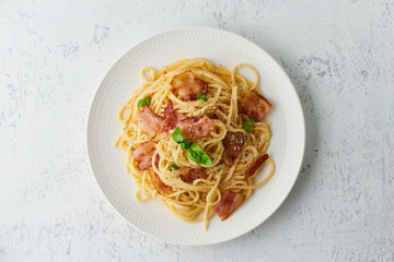 Wall Mural - Carbonara pasta. Spaghetti with pancetta, egg, parmesan cheese and cream sauce