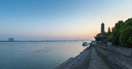 Fototapete - time lapse of the yangtze river landscape in early morning, jiujiang city, jiangxi province, China