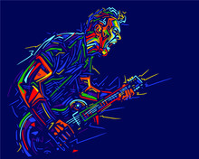 Musician With A Guitar. Rock Guitarist Guitar Player Abstract Vector Illustration With Large Strokes Of Paint 