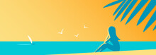 Silhouette Of A Girl And Palm Trees At A Beach Resort. Sits In The Sand And Looks At The Sunny Sunset. Banner On The Theme Of Summer Holidays And Tourism. Vector Illustration.