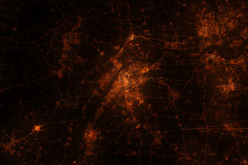 Wall Mural - Nanjing aerial view. Night city with street lights, view from space. Urbanization concept, render
