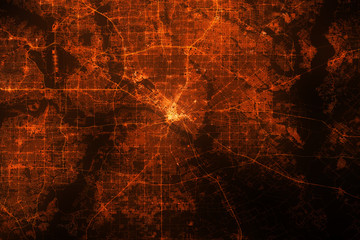 Wall Mural - Dallas top view. Night city with street lights, view from space. Urbanization concept, render