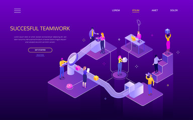 Wall Mural - successful teamwork - colorful isometric vector web banner