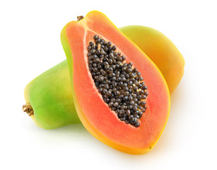 Fototapete - One whole multicolored papaya fruit and a half with seeds isolated over white background