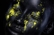 © Mike Orlov - Woman with black body paint. Cheerful young african girl with art bodypaint. An amazing model with yellow makeup. Closeup face.