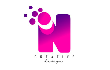 N Dots Letter Logo with Purple Pink Bubbles Vector Illustration.