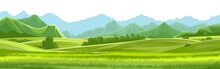 Meadows, Hills And Mountains. Vector Background. Alpine Green Pastures, Grass. Horizontal Landscape. Summer, Spring Day. Scenery.