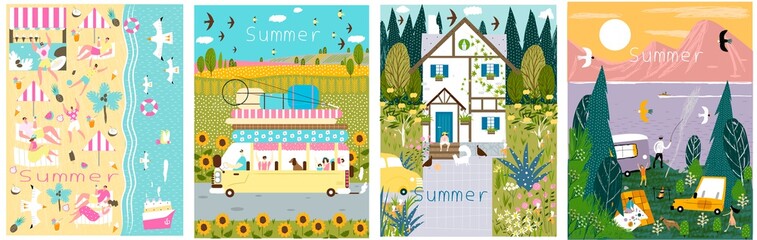 Set of summer illustrations. Vector illustrations with nature, beach, forest, house, lake, sea for printing, books, cards, beauty, banner, poster, stickers, business.