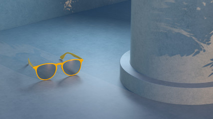 3d render. Yellow plastic sunglass on blue floor. Sunlight with hard shadow from leaves.