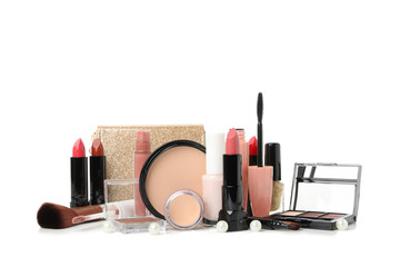 Wall Mural - Different makeup cosmetics isolated on white background. Female accessories