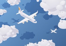 Isometric Passenger Airplane Flying In The Sky Full Of Clouds Above The Blue Sea. Vector Concept Illustration.